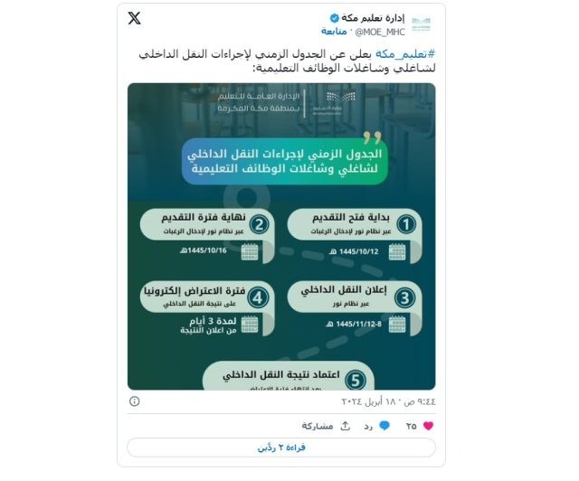 موعد وخطوات التسجيل للنقل الداخلي 1445 لشاغلي الوظائف التعليمية عبر نظام "نور" موعد وخطوات التسجيل للنقل الداخلي 1445 لشاغلي الوظائف التعليمية عبر نظام "نور"