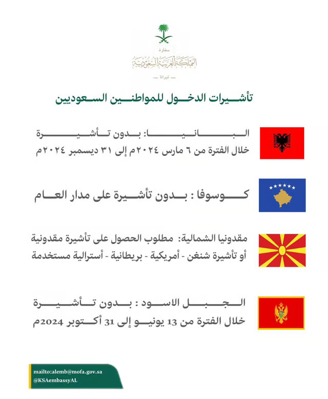 سفارة المملكة بألبانيا: 3 دول تفتح أبوابها للسعوديين دون تأشيرة.. وهذه شروط مقدونيا سفارة المملكة بألبانيا: 3 دول تفتح أبوابها للسعوديين دون تأشيرة.. وهذه شروط مقدونيا