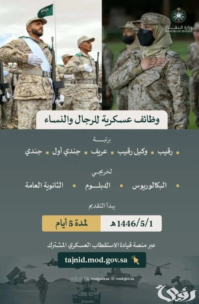 من رتبة رقيب لجندي.. وزارة الدفاع السعودية تعلن عن فتح باب القبول والتسجيل للوظائف العسكرية من رتبة رقيب لجندي.. وزارة الدفاع السعودية تعلن عن فتح باب القبول والتسجيل للوظائف العسكرية